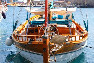 old wooden rudder in a sailboat details